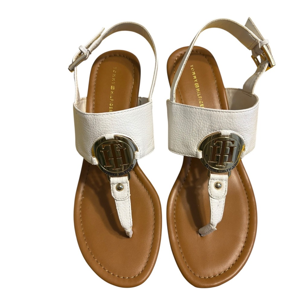 Tommy Hilfiger Womens White Leather Cork Wedge Sandals Gold Logo Thong Size 8.5M